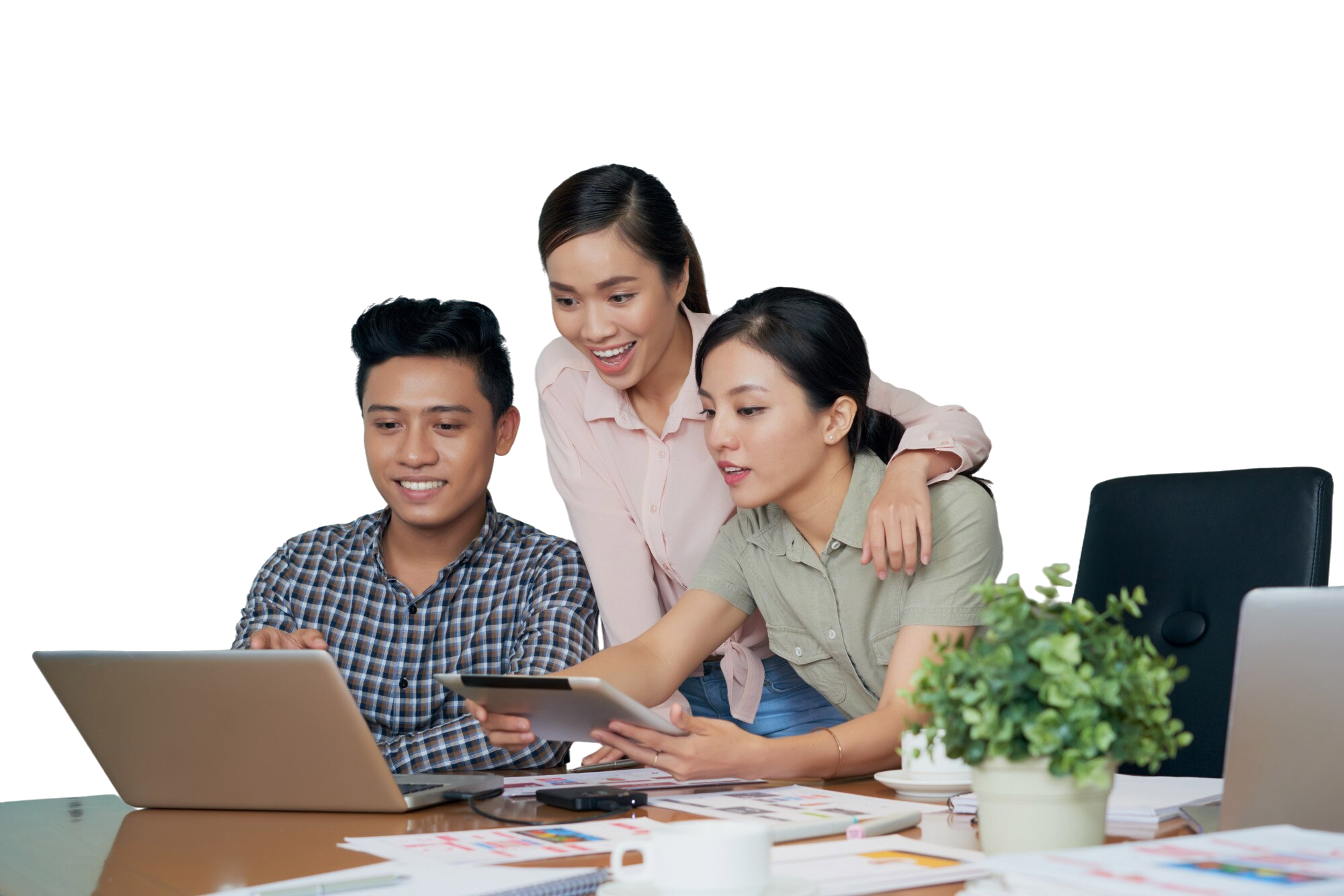 Excited Asian Colleagues Looking at Laptop Screen Together in Office